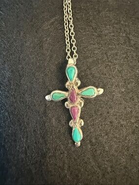 925 Sterling Silver Turquoise & Purple Turquoise Inlay Cross Pendant Necklace